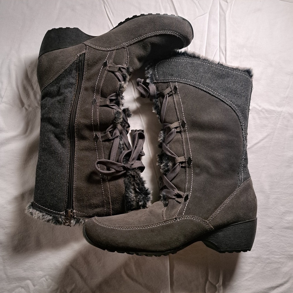 Brillant Faux Fur Leather Uppers Lace Up Rubber Heel Boots  Lined Mid Calf Boots